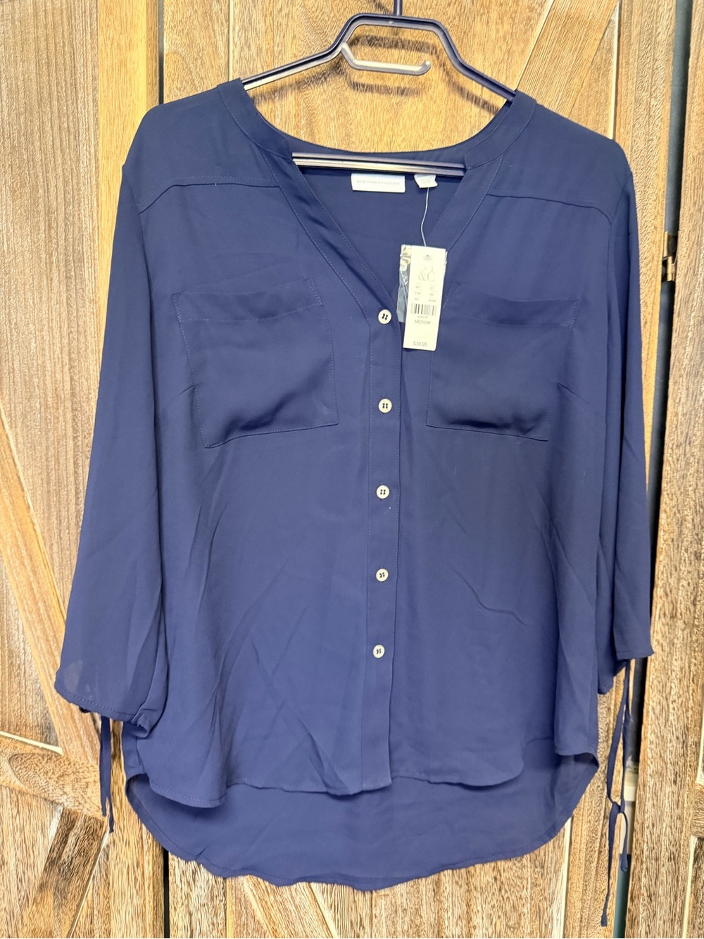 New York & Company Navy Button-Front Blouse with Chest Pockets